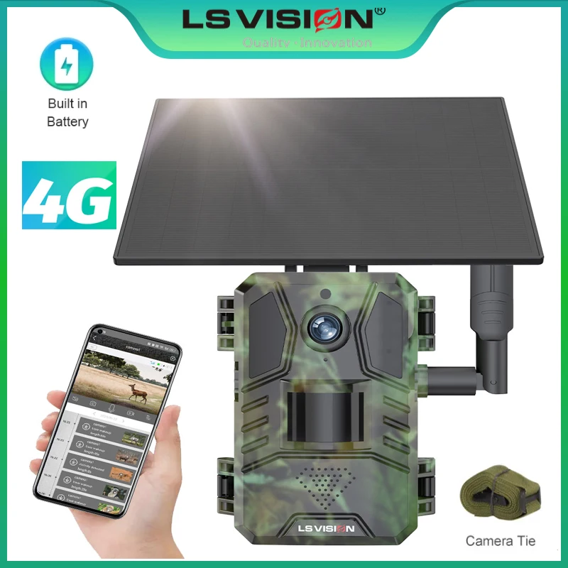 

LS VISION 4G Solar Hunting Trail Camera Built-in 7800mAh (18650) Batteries Solar Panel IR& Color Night Vision Picture 14MP 2K