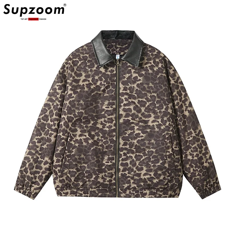 Supzoom New Arrival Casual Popular Trendy Spring And Autumn Fashion High Sense Leopard Print Fake Stitching PU Skin Jacket Men