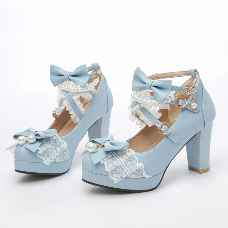 Cross Strap Women High Heels Mary Jane Pumps Wedding Tea Party White Pink Black Ruffles Bow Maid Princess Cosplay Lolita Shoes