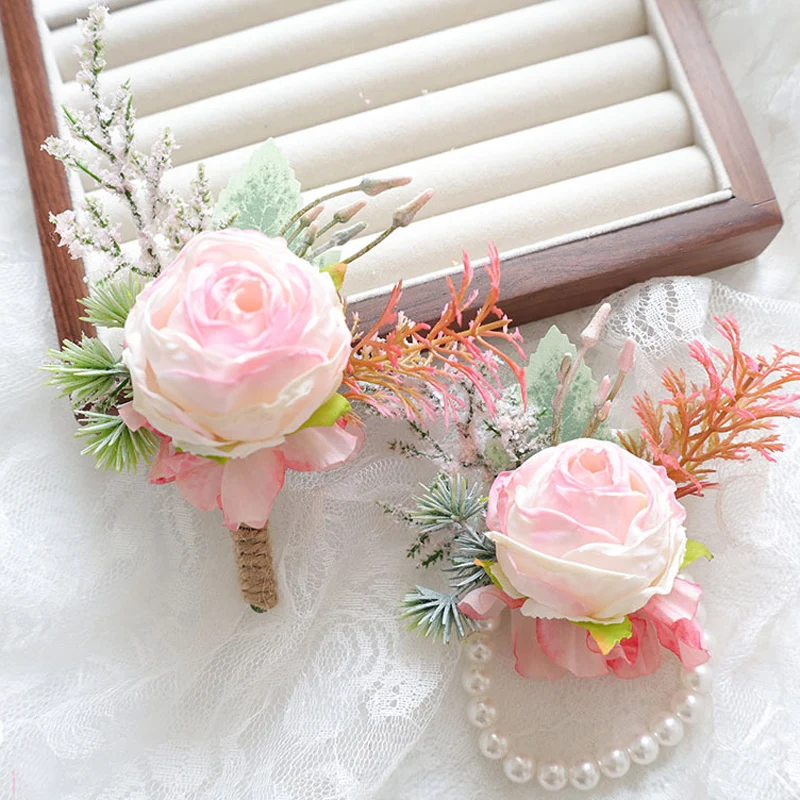 

25044 Pastel pink Bohemian Rose Flower Corsage & Wristlet Set - Perfect for Brides, Groomsmen, and Wedding Decorations