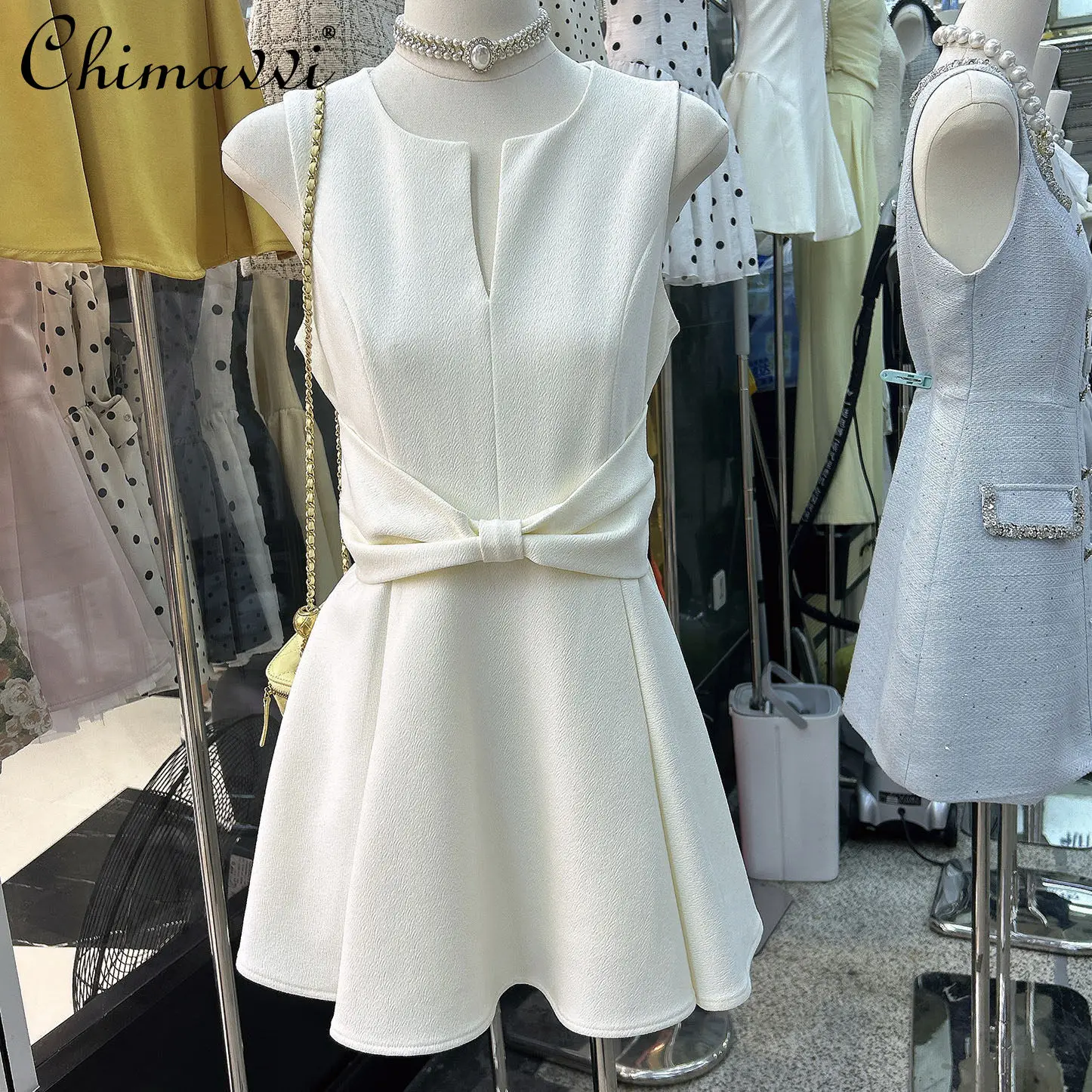 

2026 Summer Clothes New Bow-embellished Deep V-neck Bodycon Mini Dress Elegant Figure-flattering Party Office Lady Dresses