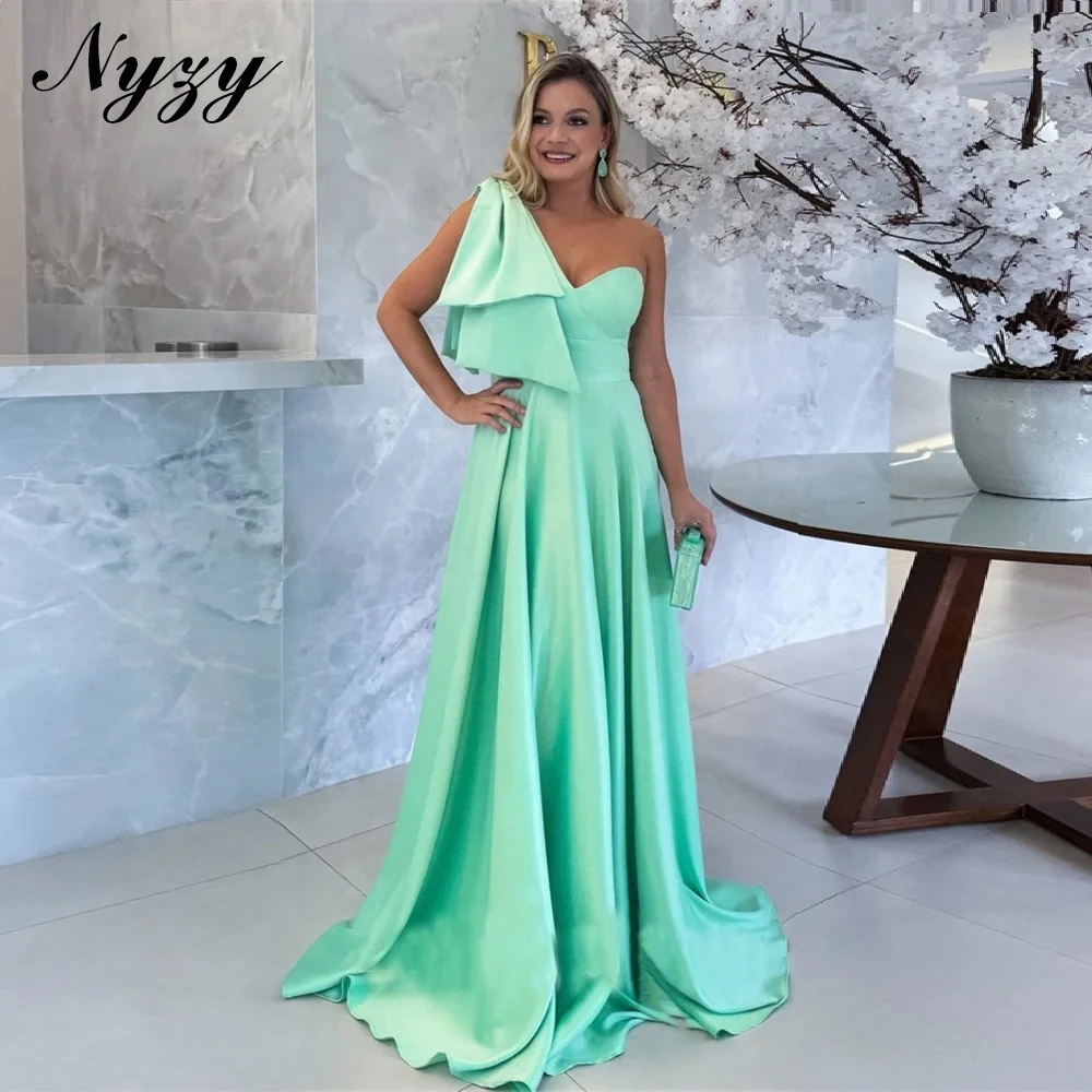 NYZY E485 elegante A-line un hombro vestidos de noche con lazo grande 2025 satén verde menta vestidos de fiesta de boda personalizados