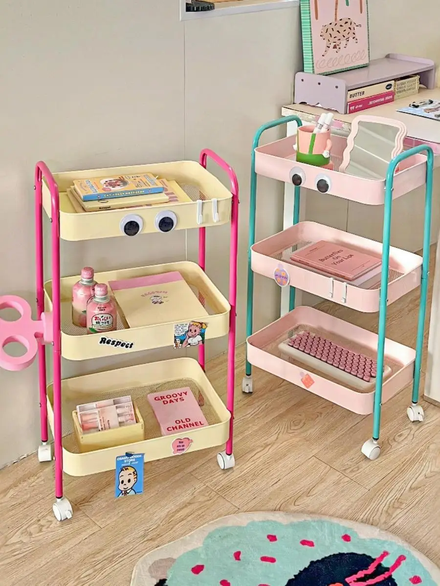 

New Color Block Large Capacity Floor Standing Snack Storage Rack Dormitory Bedside Hanging Basket Multi Layer Mobile Cart