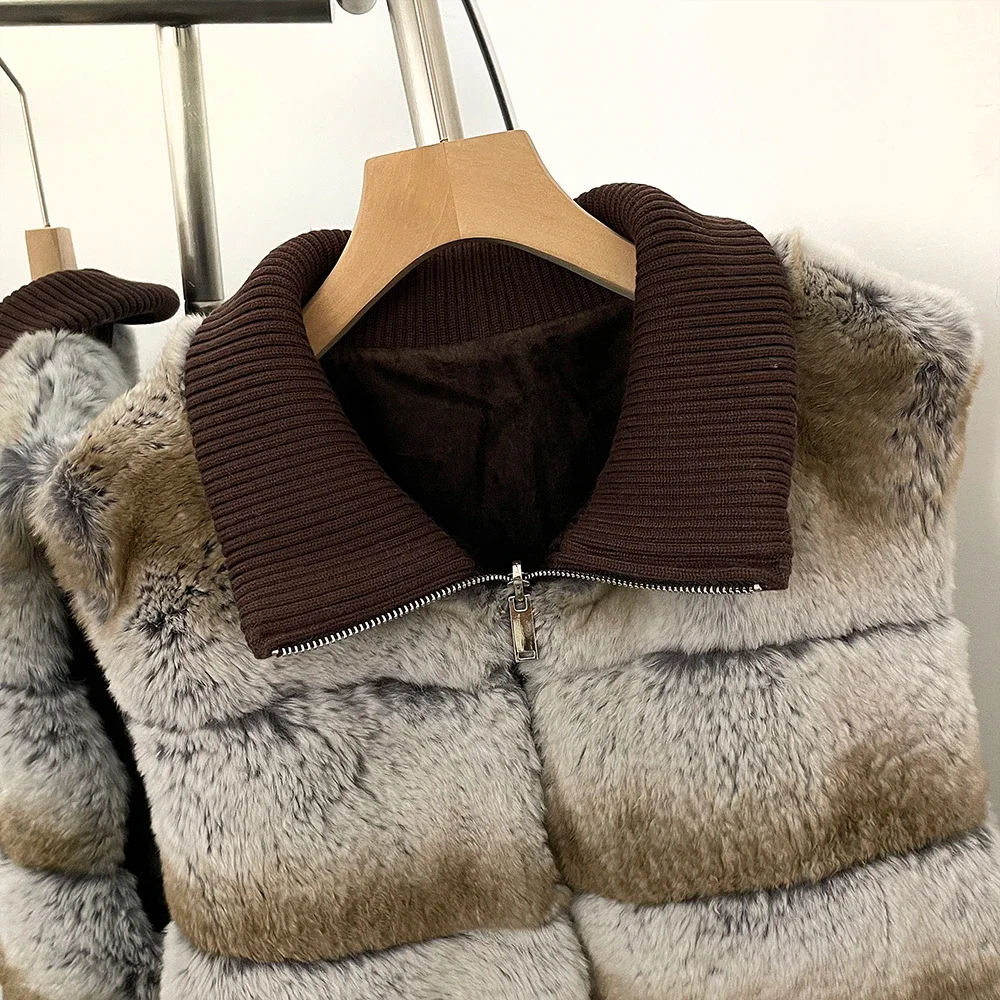 OFTBUY Knit Collar Zip Up Two Sides Wear Fur Waist Coat Women Reversible Real Rabbit Fur Vest New Winter Fur Clothing Female