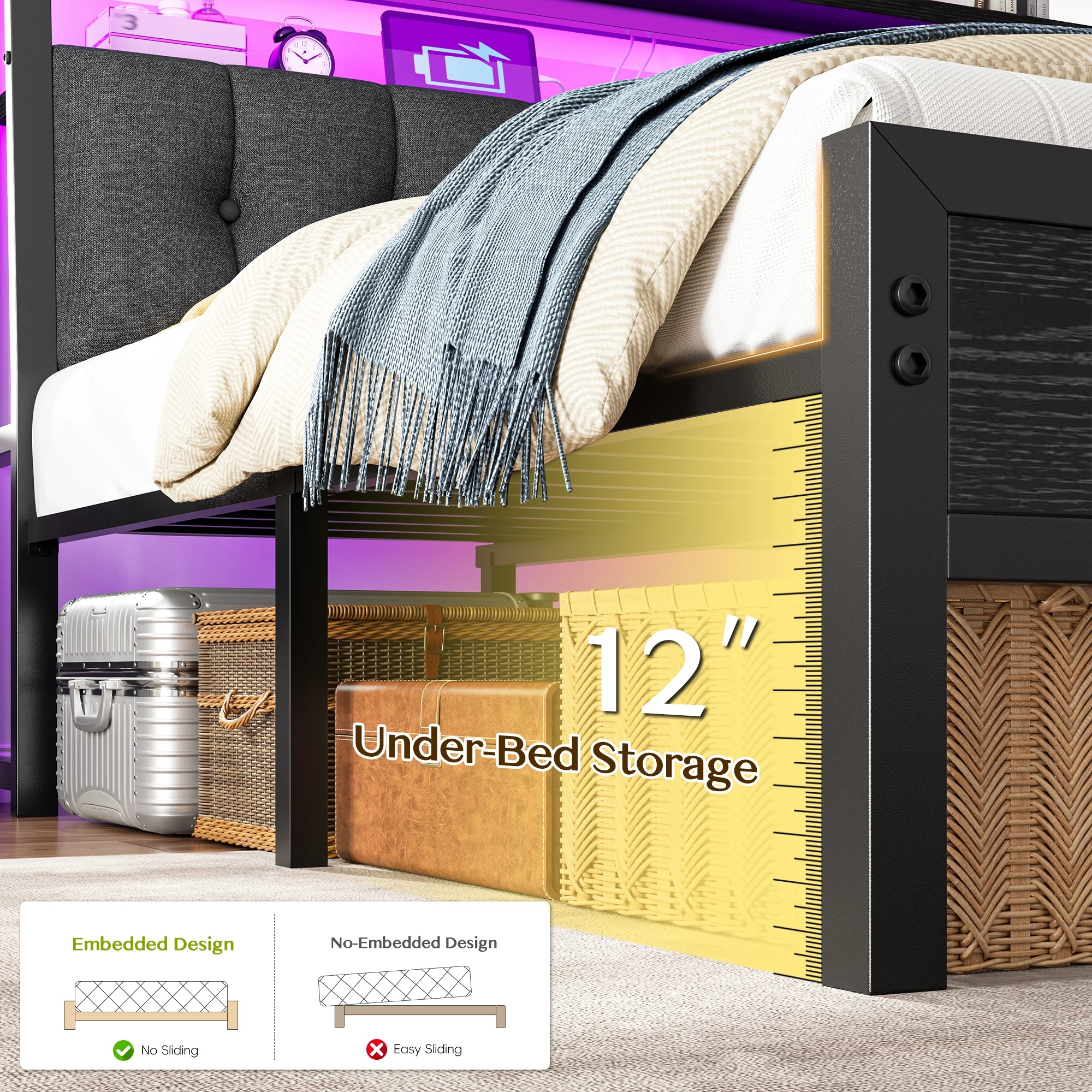 RAYBEE King Bed Frame with Upholstered Headboard & Charging Station Linen Upholstery, 2-Tier Shelf, 2 AC Outlets, Type-C, RGB LED Remote, 12in Underbed Clearance, 1100 lbs, No Box Spring, Grey image 2