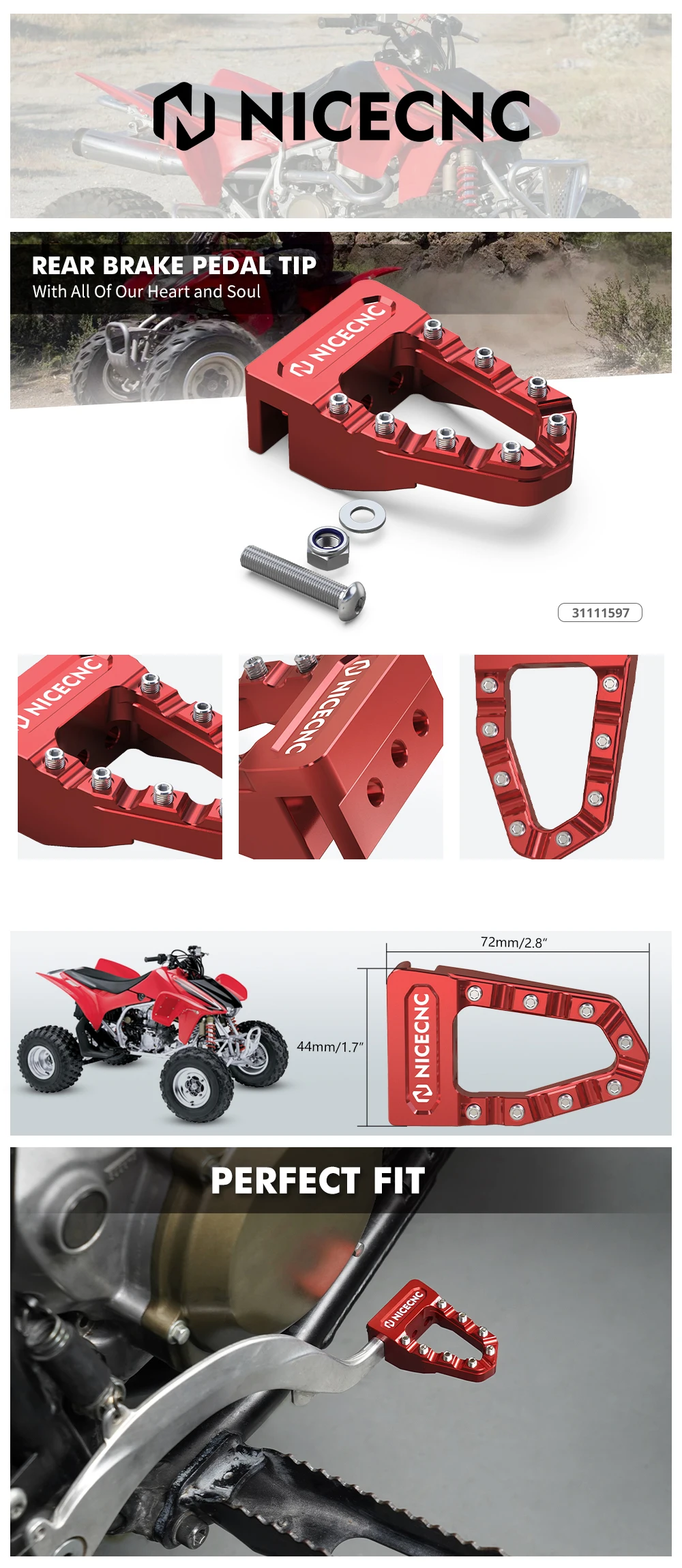 NICECNC Für Honda TRX450R 2006-2009 Hinterradbremspedalspitze für Honda TRX450ER Aluminium verbreitertes, rutschfestes, verstellbares ATV-Zubehör – Detail 2