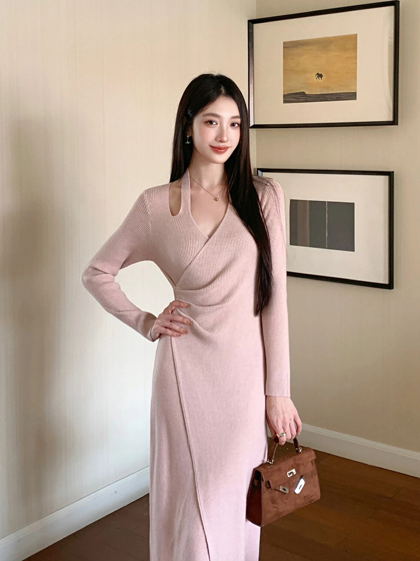 

Женская зимняя вязаная юбка-полусолнце Chuqing с V-образным вырезом, имитация двухслойности, с длинными рукавами, мягкая, облегающая, базовый слой