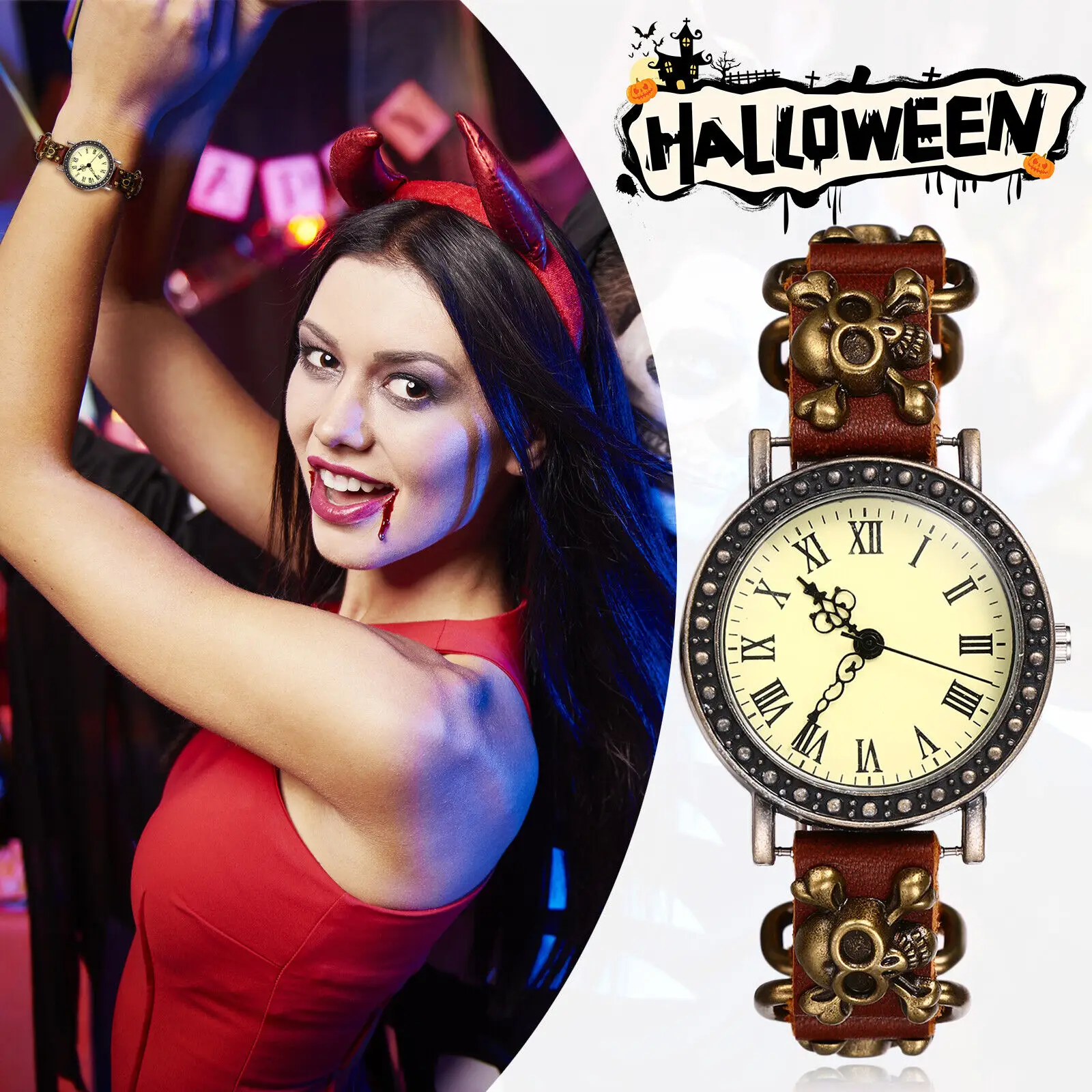 Lancardo นาฬิกาข้อมือผู้หญิงหญิงสาวหัวกะโหลกวินเทจพังค์สายหนัง PU นาฬิกาข้อมือควอตซ์แฟชั่นของขวัญวันฮาโลวีนนาฬิกาสุภาพสตรี reloj