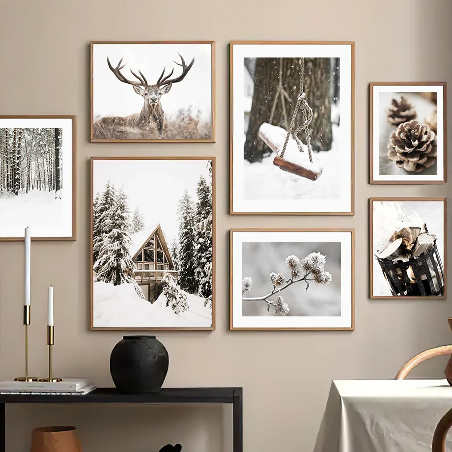 Winter Pine Tree House Elk Flower Wall Art Canvas Painting Nordic Posters And Prints Wall Pictures For Living Room Decoration