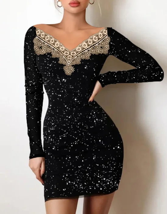 Women's Black Bodycon Mini Dress Off-Shoulder Lace Trim Long Sleeve Gown Stylish Party Outfit Dates Nights & Special Occasions