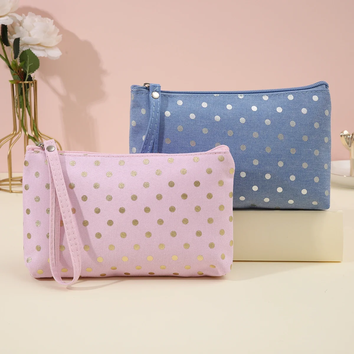 

Casual Hand Carry Cosmetic Bag Waterproof Canvas Wavelet Dot Wash Storage Pouch