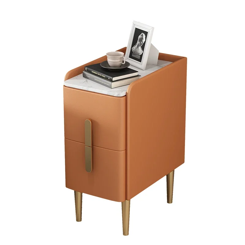 Small ultra-narrow bedside table simple modern luxury leather bedside cabinet rock plate mini home storage slit narrow cabinet