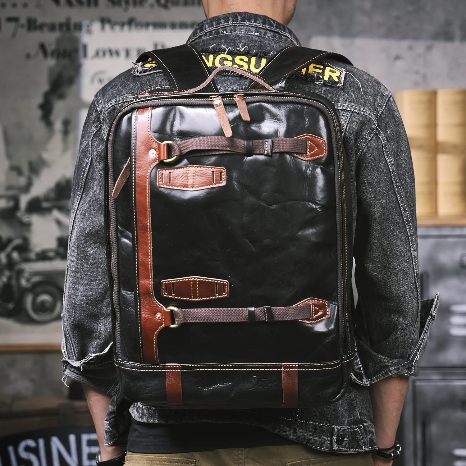 S.WORKER Lässiger Rucksack aus echtem Rindsleder für Herren, 16-Zoll-Laptop-Rucksack, Tagesrucksack mit großer Kapazität, Reisetasche, Schultasche – Detail 6