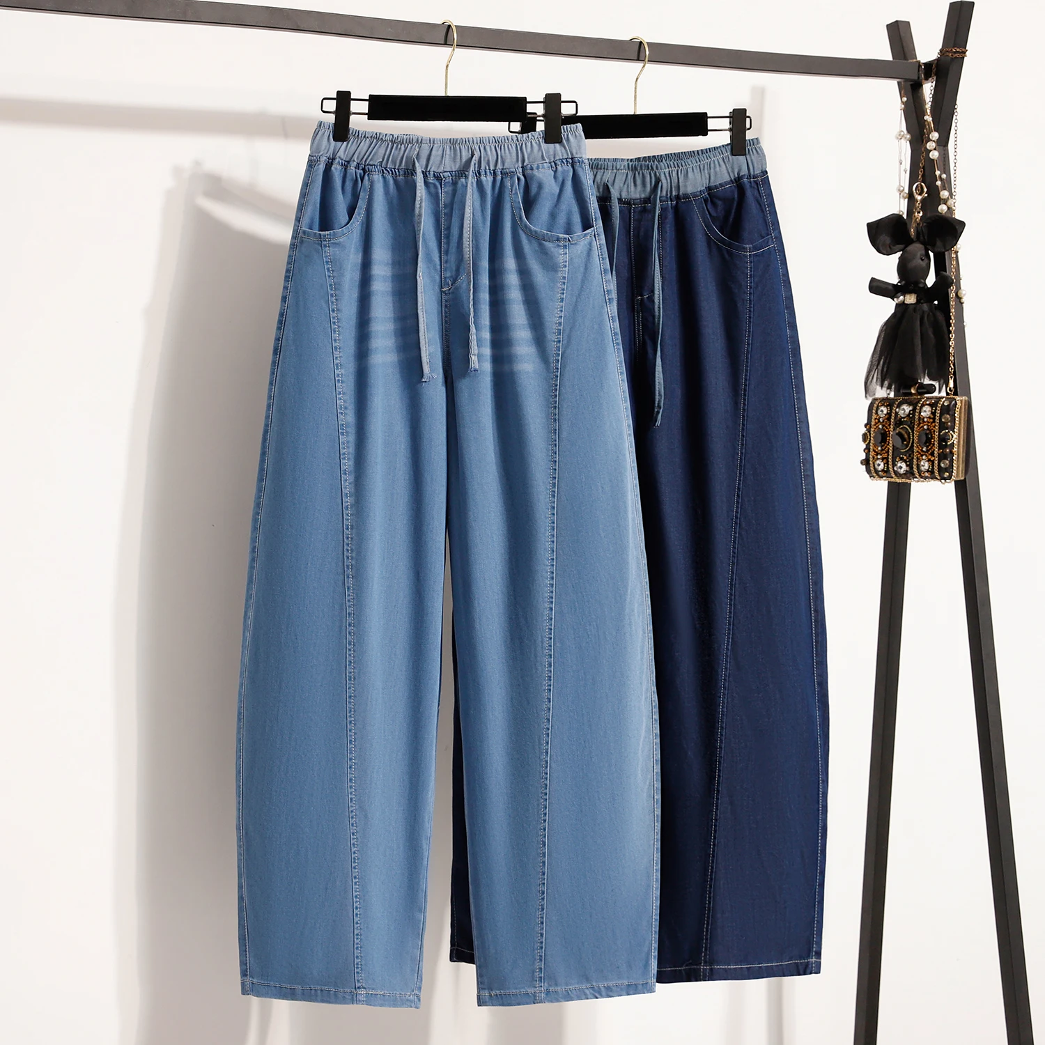 

Denim Wide Leg Pants Loose Fit Casual Style Spring 2025 Asymmetrical Hemming Blue Color Thin And Large Size