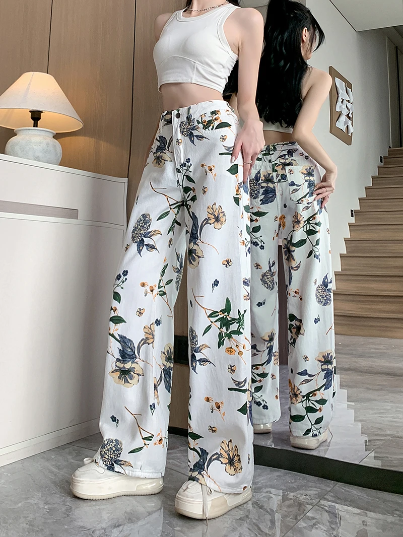 

Summer White Women Y2k Print Straight Jeans High Waist Fashion Casual Loose Wide Leg Pants American Style Vintage Cargo