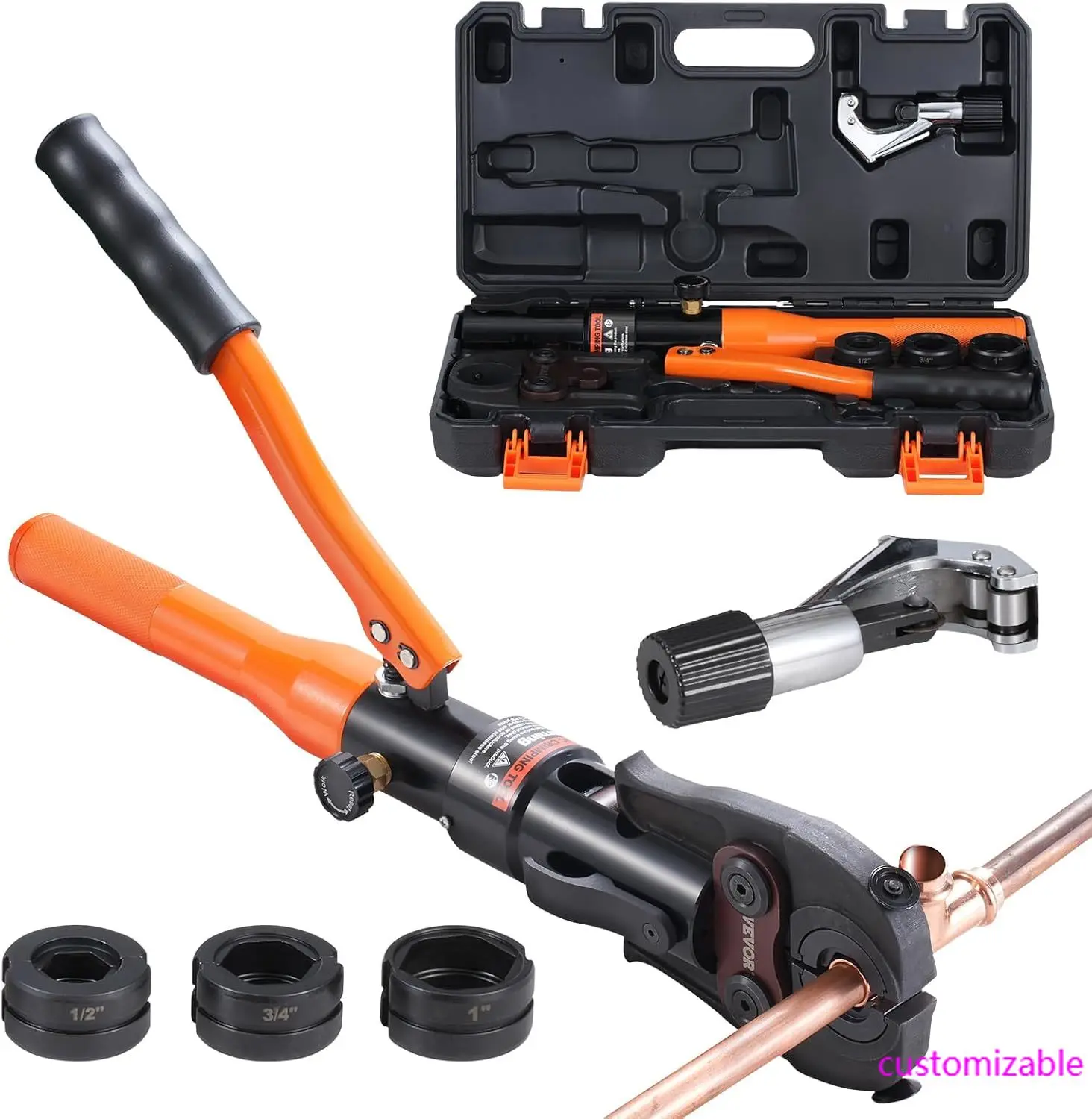 

Copper Pipe Crimping Tool, Hydraulic Driven Press Tool with 1/2", 3/4", 1" Jaws, Copper Tube Fittings Pipe Crimpers for Narrow