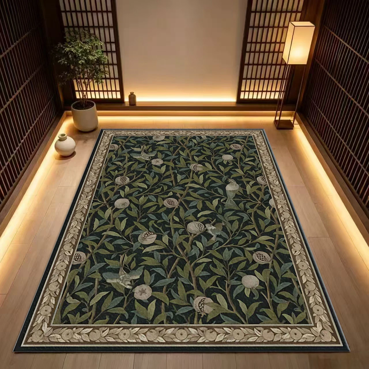Dark Green Retro Pomegranate Floral Square Rug Non-Slip Vintage Botanical Floor Mat for Living Room Entryway Home Decoration