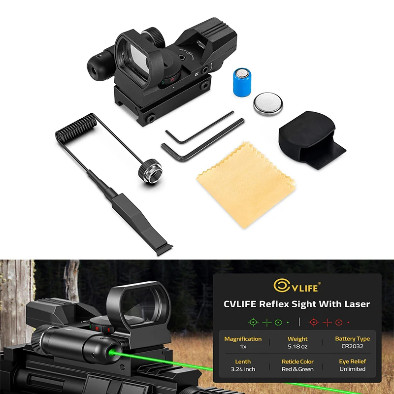 

CVLIFE Red Dot Sight Red Green 4 Reticle Reflex Optics Scope with Green Laser Sighting and Pressure Pad Switch for 20mm Rail