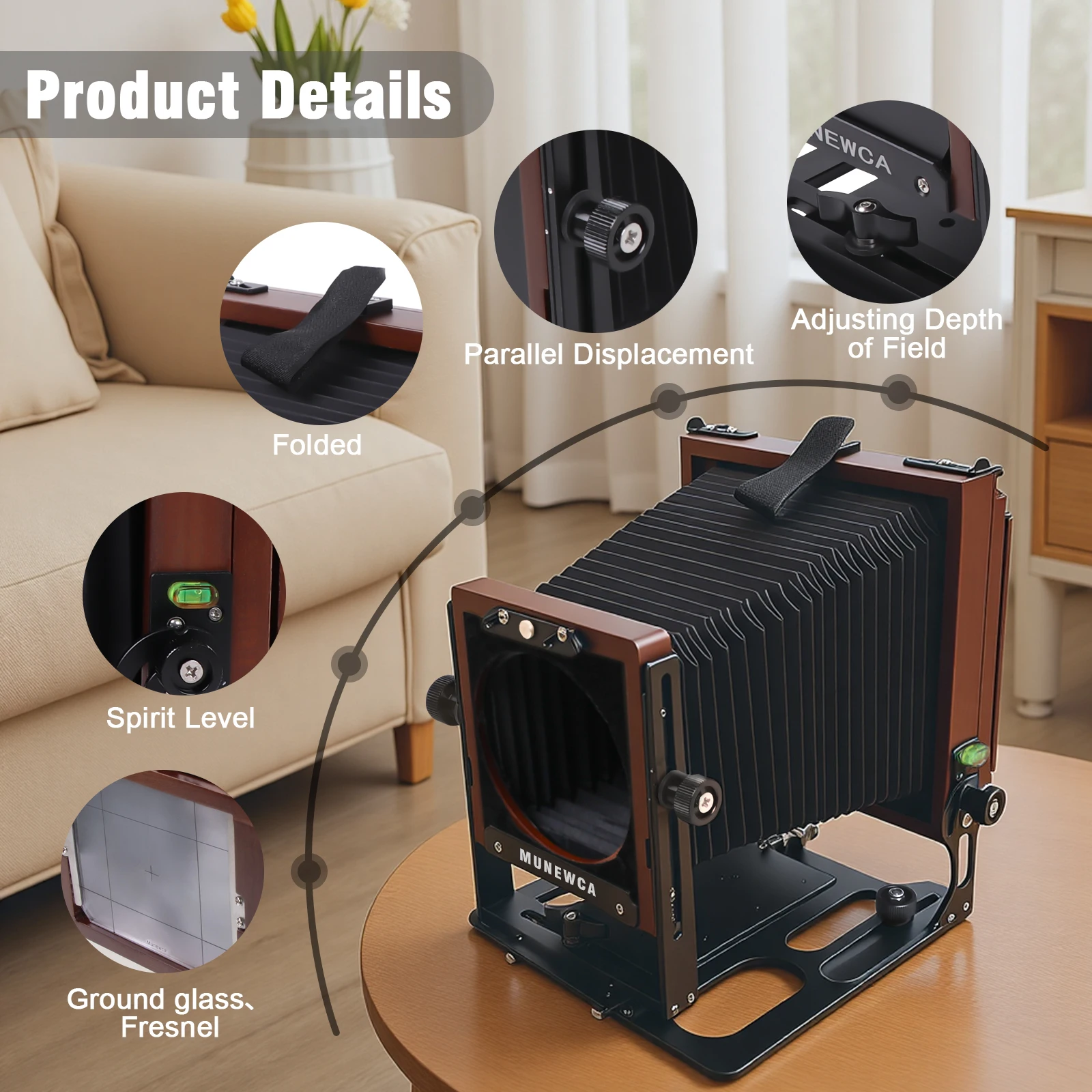 eTone Professional Munewca 4x5 Large Format Film Camera Carbon Fiber Composite with Teak Wood Lightweight Camera 2