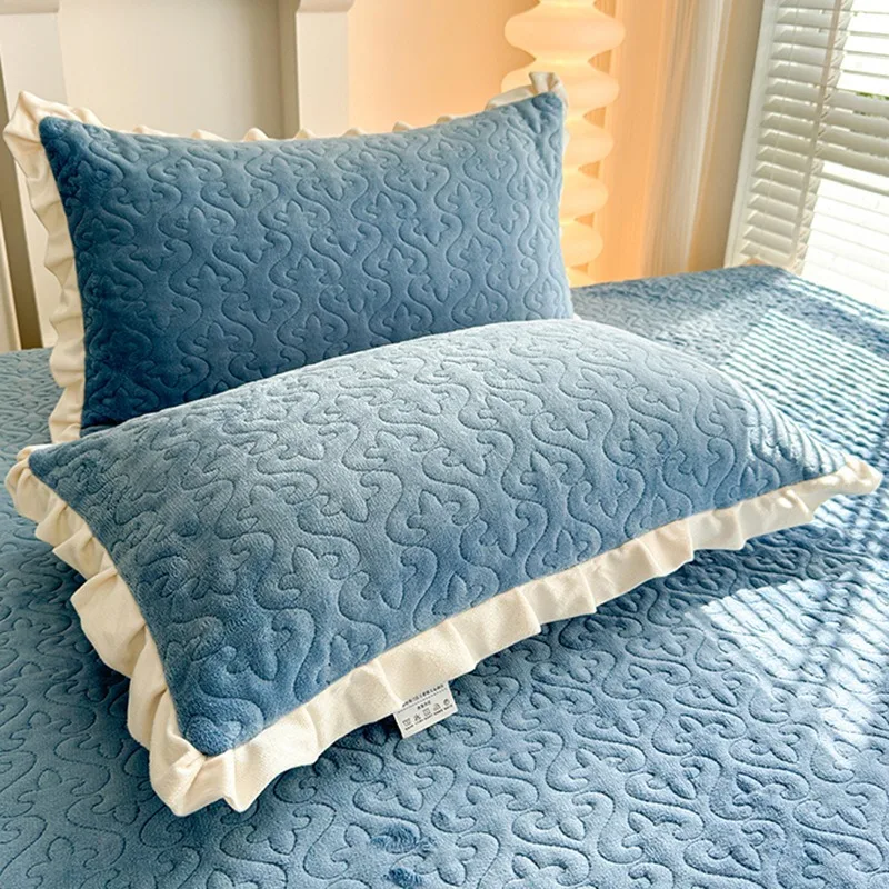 One Pair Home & Student & Bed Use Warm Pillowcases, Soft Milk Fleece Ruffled Pillow Cover, Cozy Bedding Accessory 2 Pcs/Set