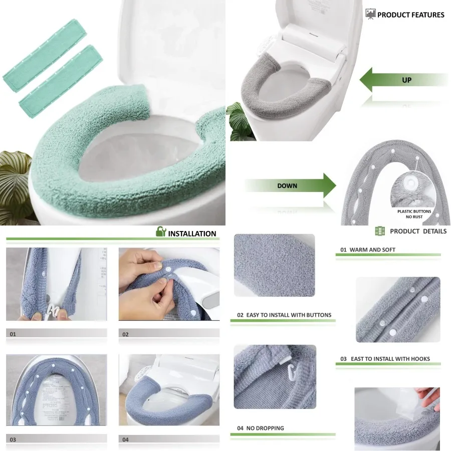 

2 шт., чехол на сиденье для унитаза, теплая подушка, плюшевые толстые теплые подушечки для сиденья для ванной комнаты на зиму, комфорт, светло-зеленый авокадо, идеально подходит для холода