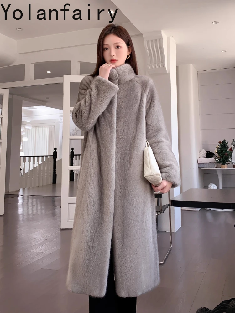 YOLANFAIRY سترات من فرو المنك بالكامل الحقيقي للنساء لشتاء 2025 معطف فرو طبيعي متوسط الطول بياقة واقفة أنيقة Casaco Feminino #3