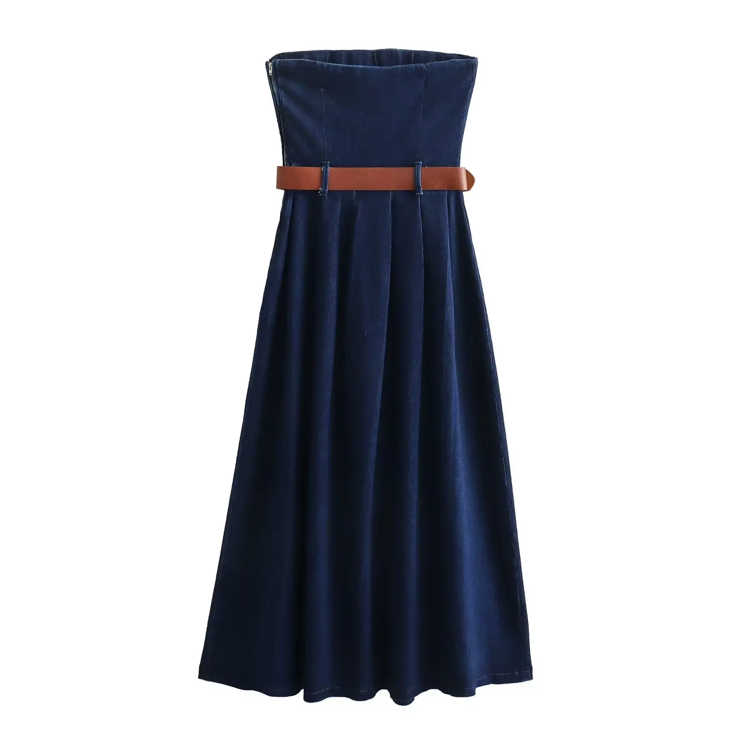 Tangada 2024 New Women Denim Dress With Belt Strapless Ladies Long Dresses 6X0128