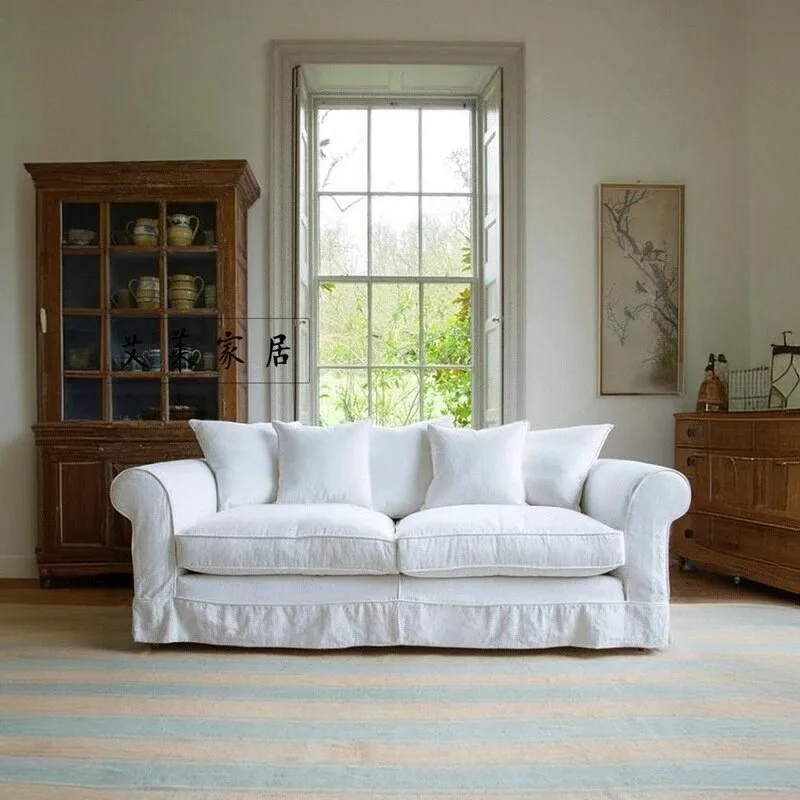 Medieval French Cream Wind Cloud White Cotton and Linen Fabric Removable and Washable Straight Row Double Sofa