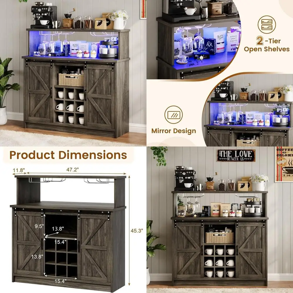 

Тумба для кофе-бара с LED-подсветкой, серая, 47 дюймов, с местом для хранения, стеклянными и винными полками для гостиной/столовой