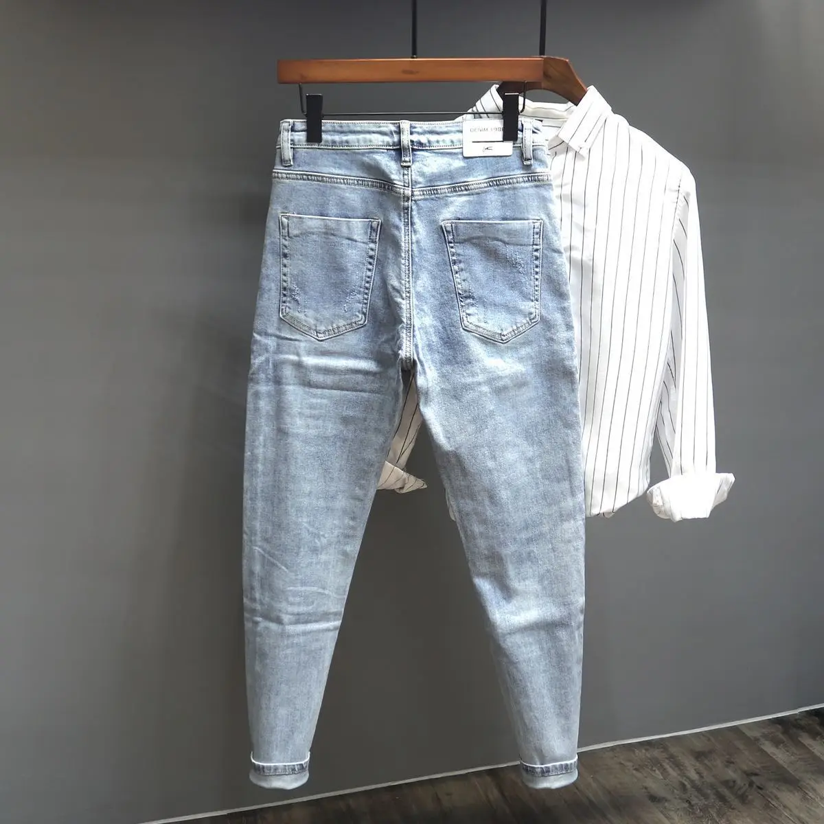Trendy Brand Light-colored Jeans Men's Trend Patchwork Holes Patch Splicing Printing Slim-fitting Small Feet Men's Cargo Pants