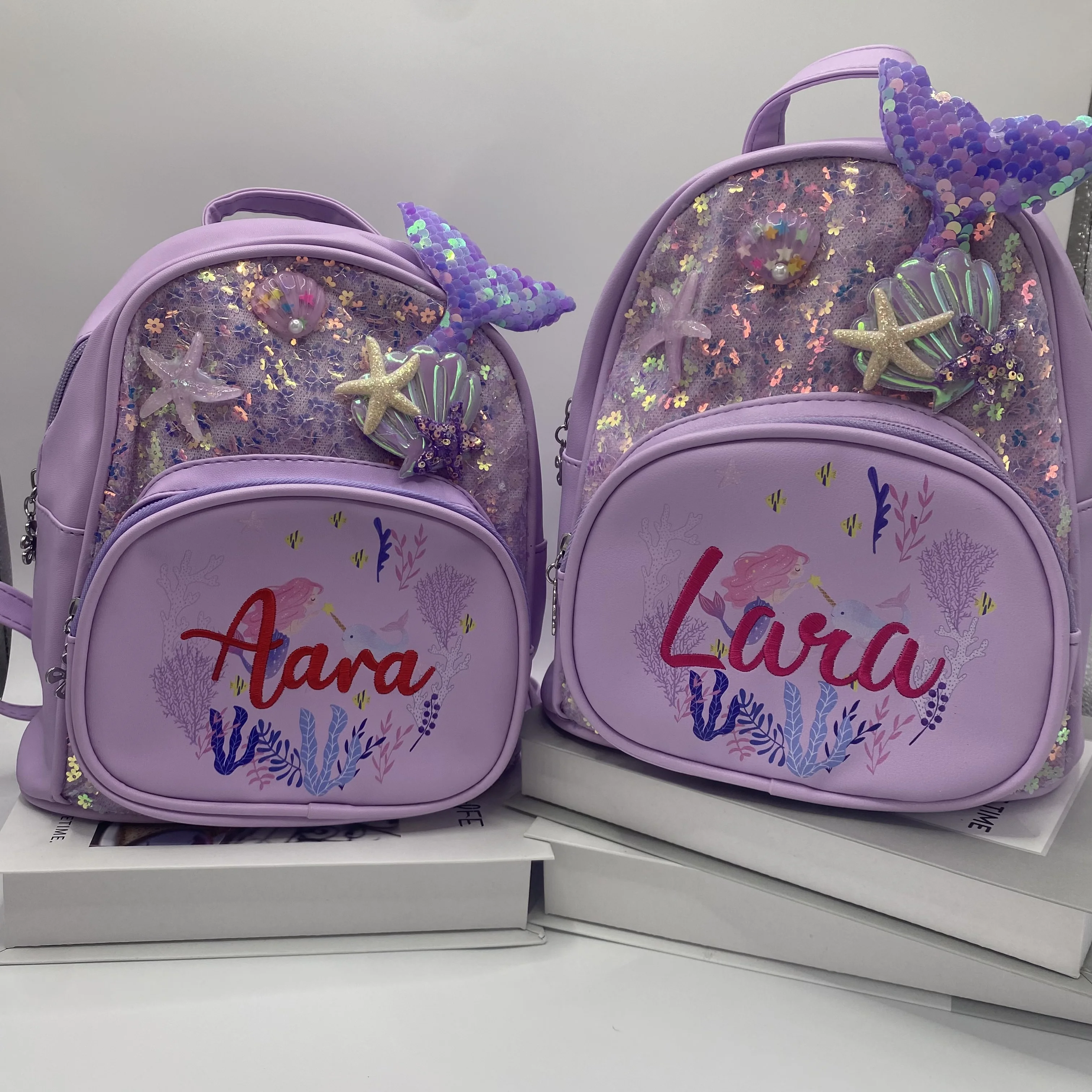 Sac à Dos Sirène en PU avec Nom Brodé Personnalisé, Sacoche de Rangement Personnalisée avec Dessin Animé, Cadeau d'Anniversaire pour Bébé Fille