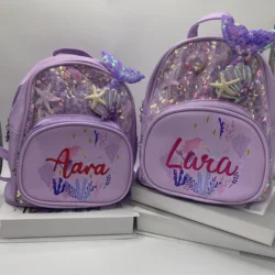 Bolsa de sirena de PU con nombre bordado personalizado, mochila de dibujos animados, regalo de cumpleaños, bolsa de almacenamiento personalizada para bebés y niñas