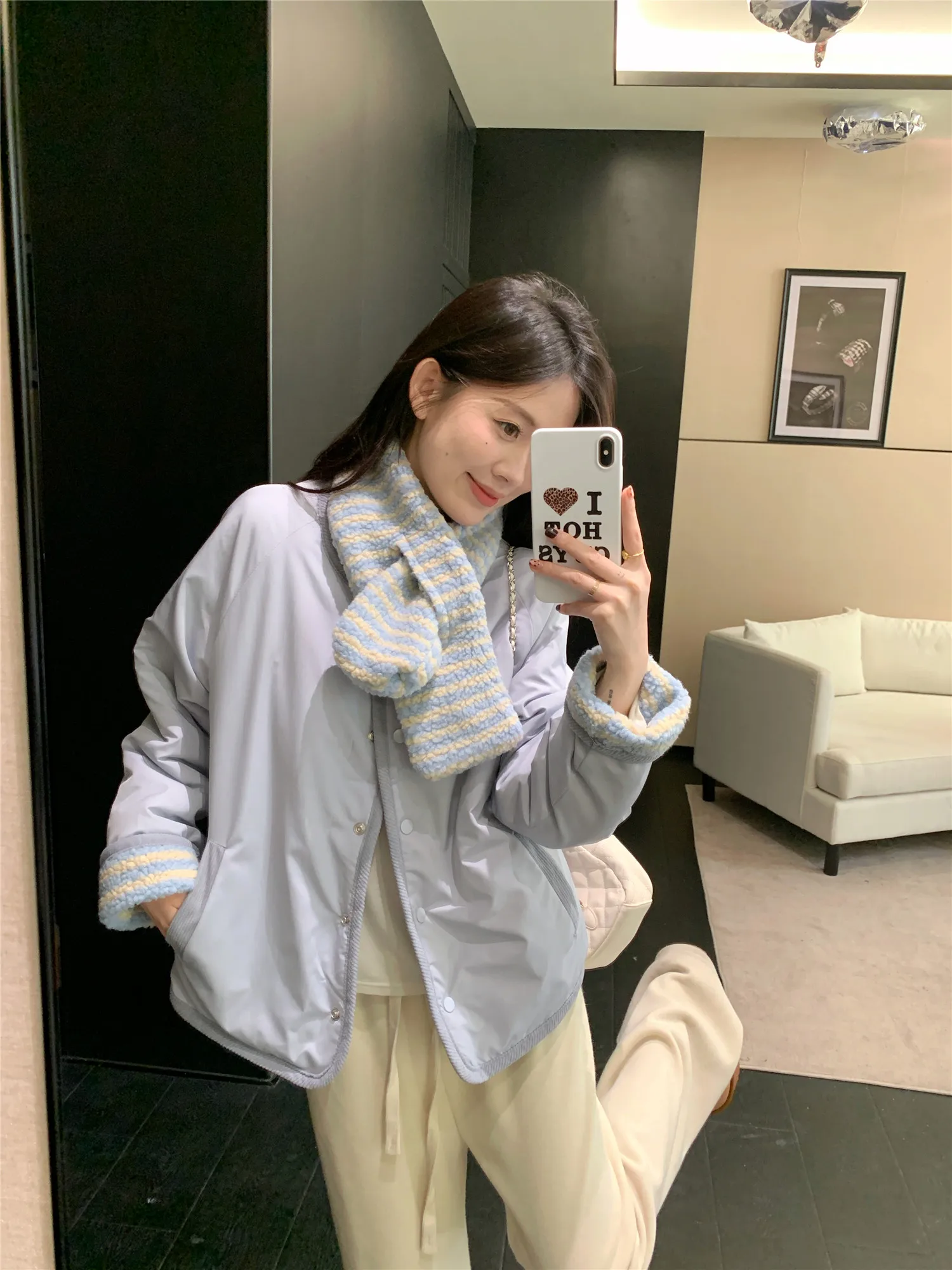 Korean Sweet Two Side Wear Padded Jacket Women Fleece Lined Thick Warm Parkas Woman Lazy Style Stripe Scarf Winter Jackets