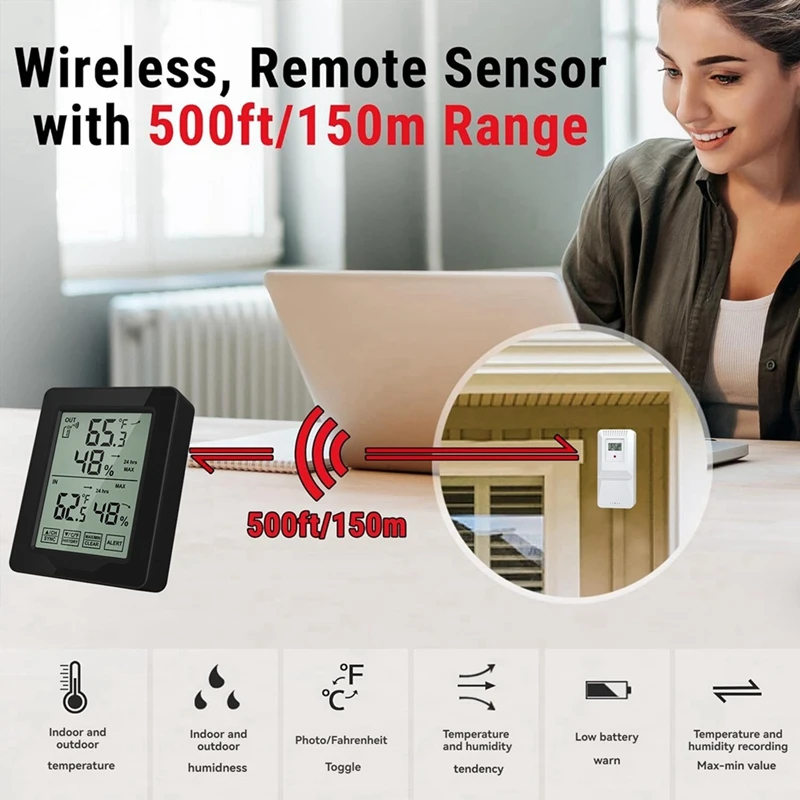 Digitale elektronische temperatuur- en vochtigheidsmeter voor binnen en buiten met 1 sensorachtergrondverlichting Draadloos lange afstand
