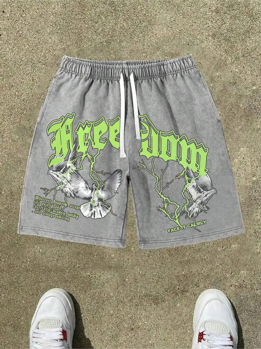 

Washed 290G Cotton Mens Graphic Shorts With Lightning Dove Print, Elastic Waistband, Drawstring Closure And Side Pockets