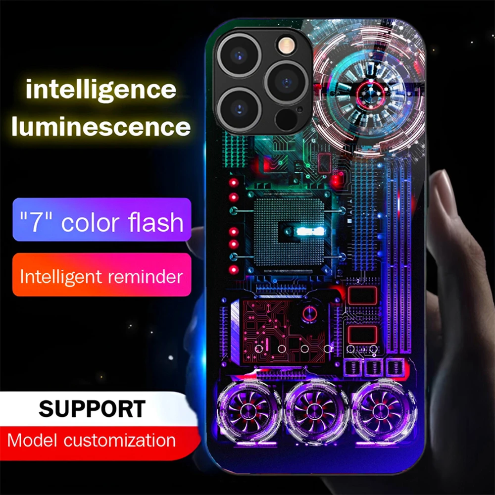 

Luxury CPU Fan Design Smart LED Light Glow Tempered Glass Phone Case For iPhone 16 E 15 14 13 12 11 Pro Max X XS XR Plus