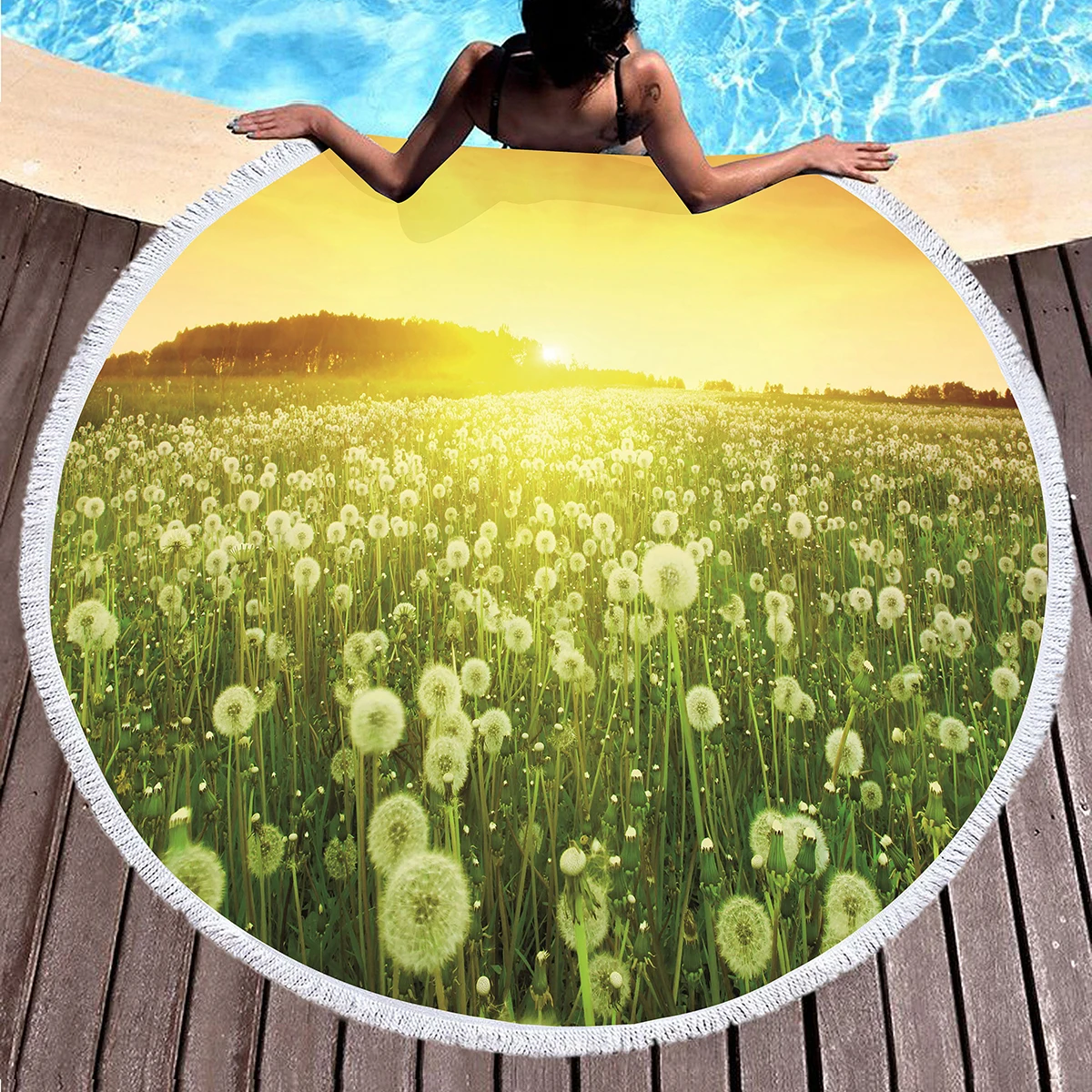 Dandelion Round Beach Towel Romance Theme Flying Flower Beach Blanket,Farmhouse Rustic Sand-free Quick Dry Pool Towel Picnic Mat