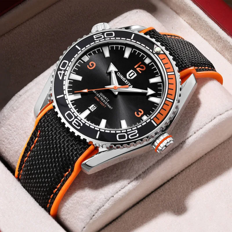 Montre classique rouge et noire à quartz pour homme, bracelet en nylon, calendrier lumineux, design créatif et cool, vente chaude