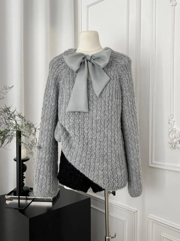 Korean Fashion Beige Long Sleeve Sweater Women Autumn Winter Grey Elegant Round Neck Bow Bandage Knitted Tops Popular