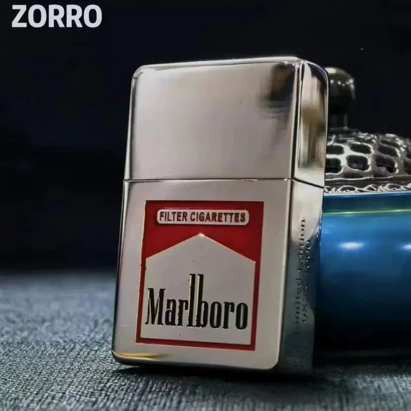 Encendedor ZORRO de Segunda Generación, Níquel Plateado 917, Pintado con Diseño Marlboro, Encendedor de Queroseno con Cadena Triangular y Cabeza Plana, Regalo para Hombre