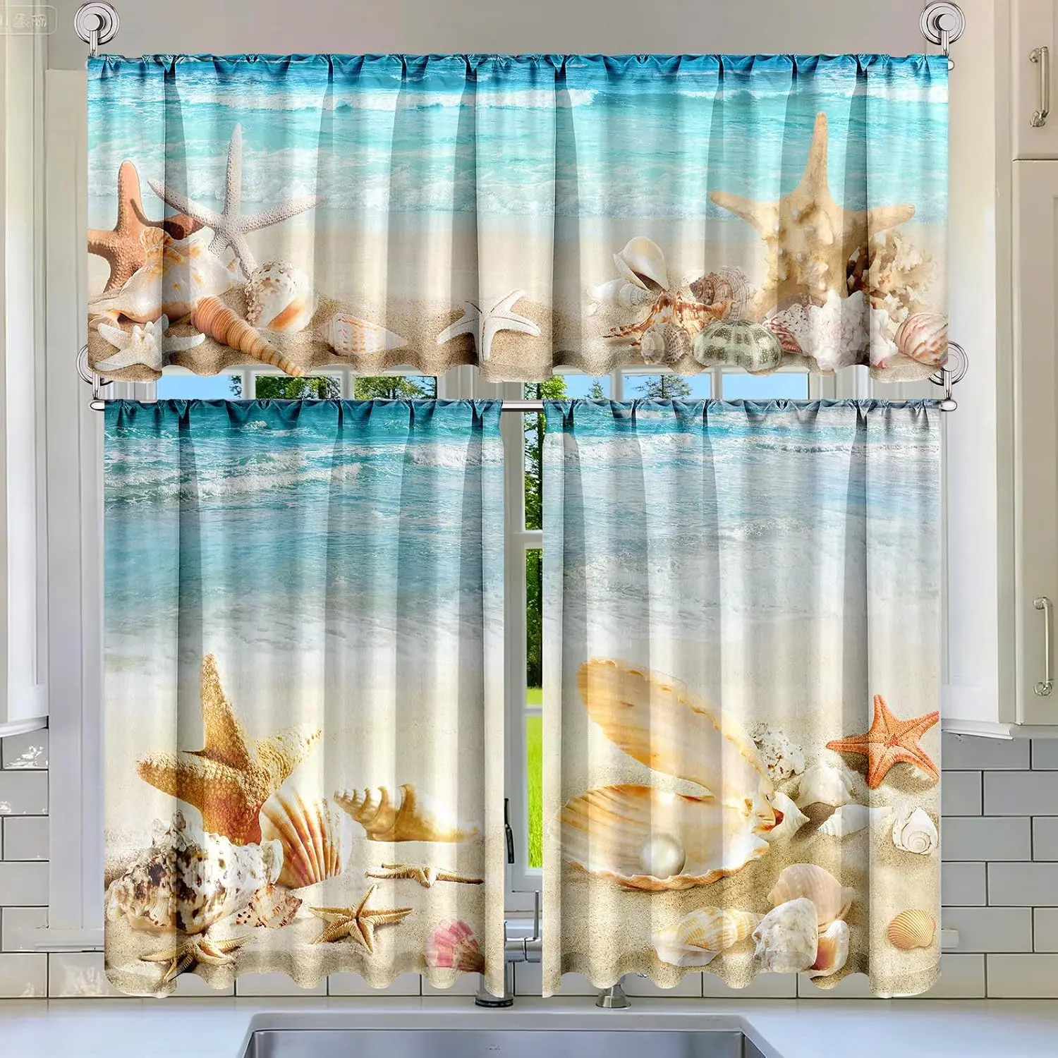 Beach Ocean Seashell Curtain Waterproof Shower Curtain Bathroom Window Drapes Tropical Coastal Theme Fabric Curtains for Home De