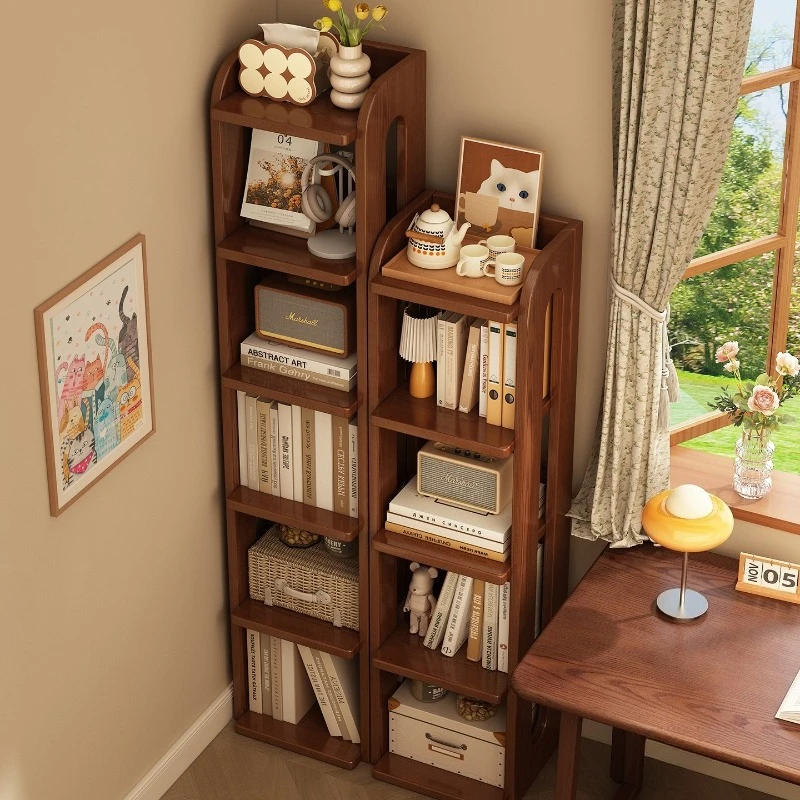 

Solid wood bookshelf Floor-to-ceiling shelf Small bookcase Integrated movable corner against the wall Children's narrow style