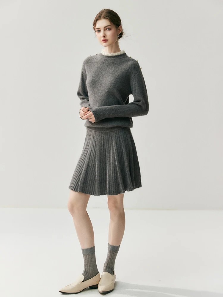 

New Women O-neck Ruched Collar Pullover 100% Cashmere Sweater Autumn Winter Thick Cashmere Knitwear Shoulder Buttons Design Tops