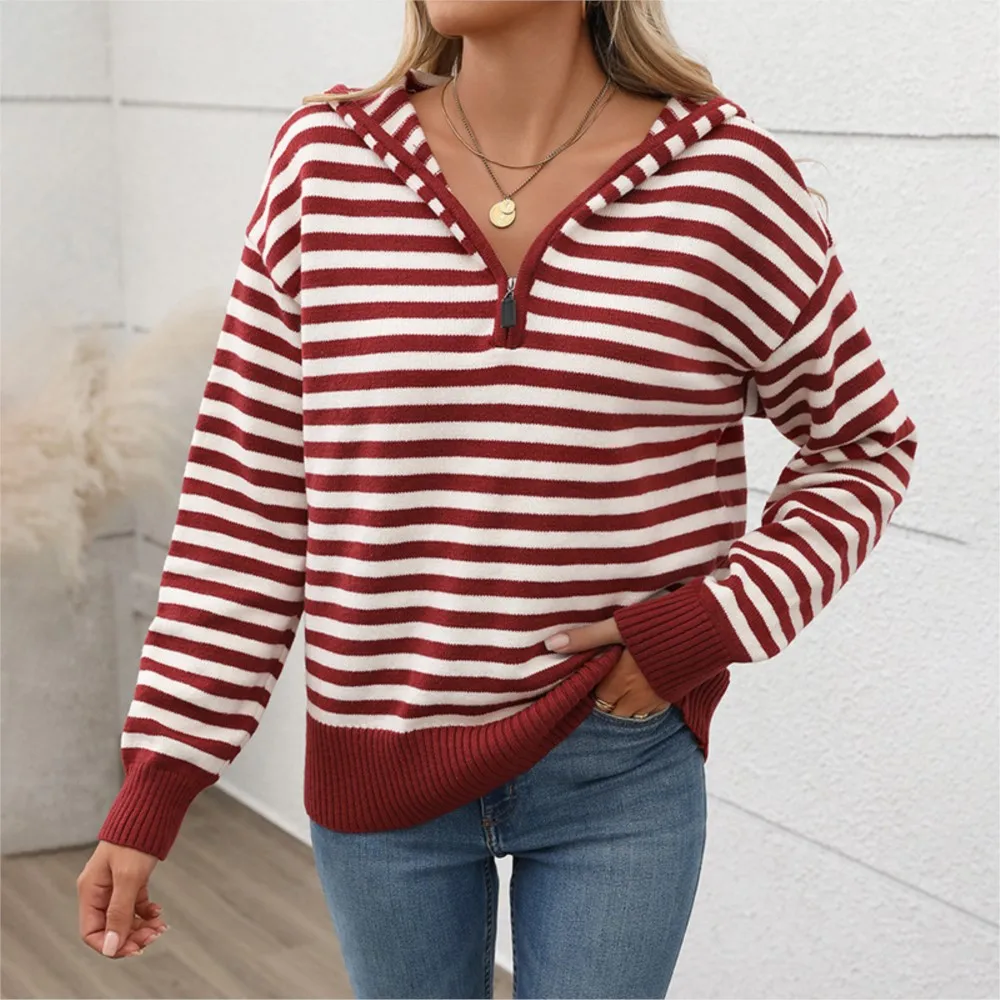 Winter Clothes Woman Pulls Femmes Casual Commuting Retro Striped Half-Zip Hooded Sweater All-match Loose Simple Style Pullover