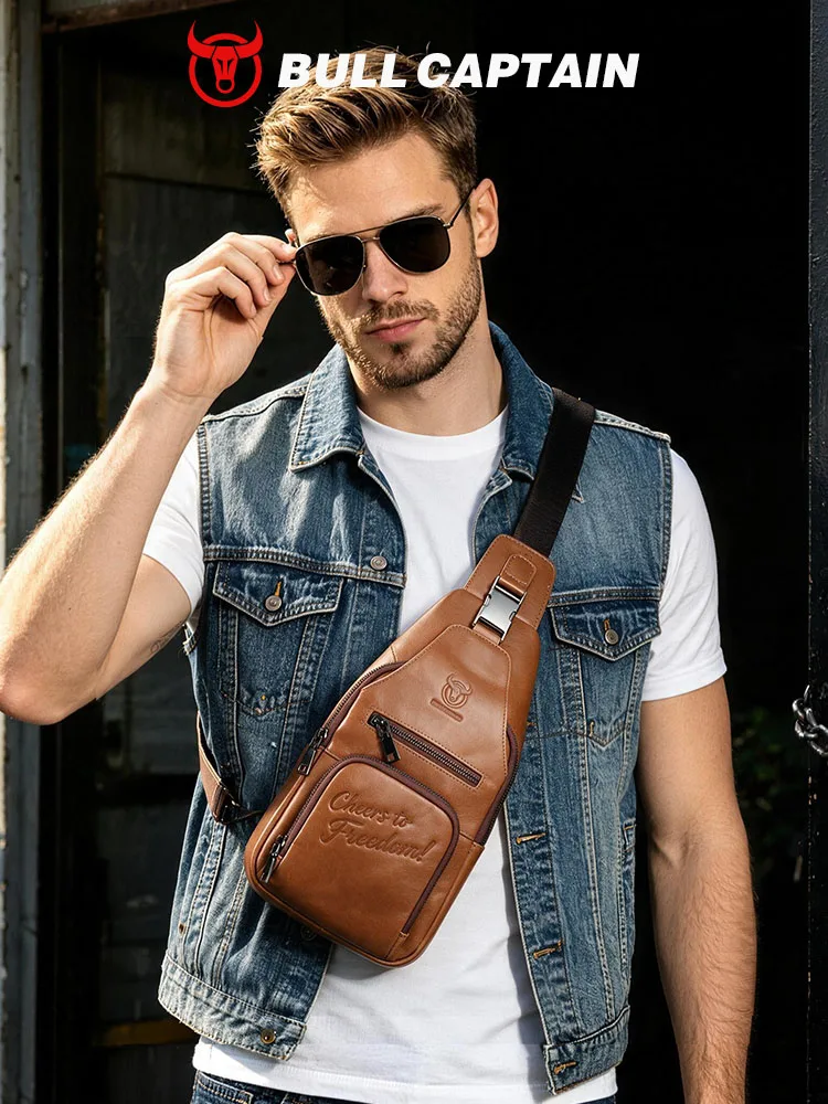BULLCAPTAIN Echtes Leder Brusttasche Lässiges Dreieck-Design Crossbody Reise-Schulterrucksack Herren Leder Multifunktionale Tasche