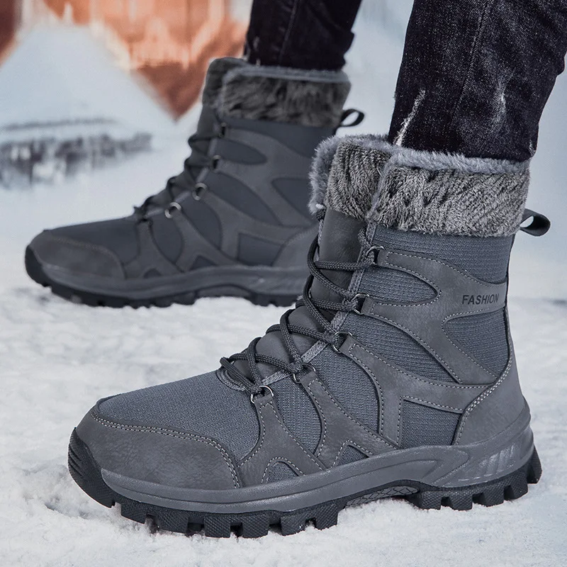 High quality ankle length cotton snow boots for men new 2024 winter outdoor hiking mountain fur plush warm shoe black grey