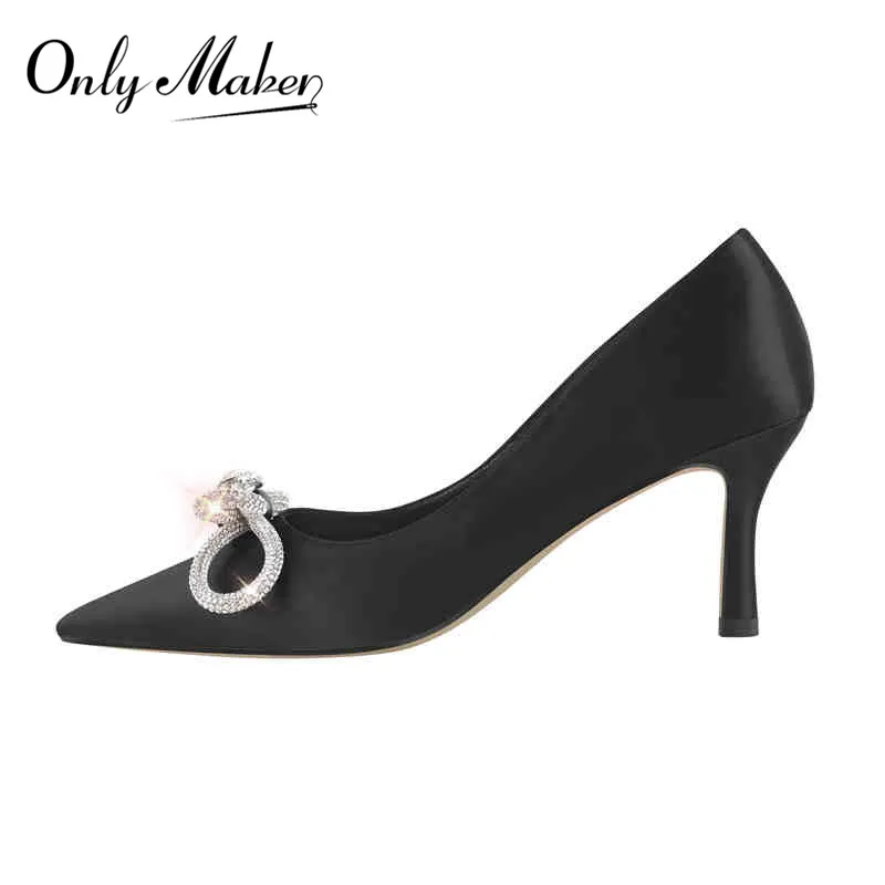 Onlymaker Women Pointed Toe Slip บน Rhinestone Bow 8ซม.สูง Stiletto ปั๊มชุดสำนักงานคลาสสิกขนาดใหญ่รองเท้าส้นสูง