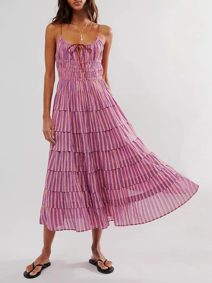 Women Slip Maxi Dress Sleeveless Spaghetti Straps Backless Striped Flowy Long Dress Smocked A-Line Swing Dress