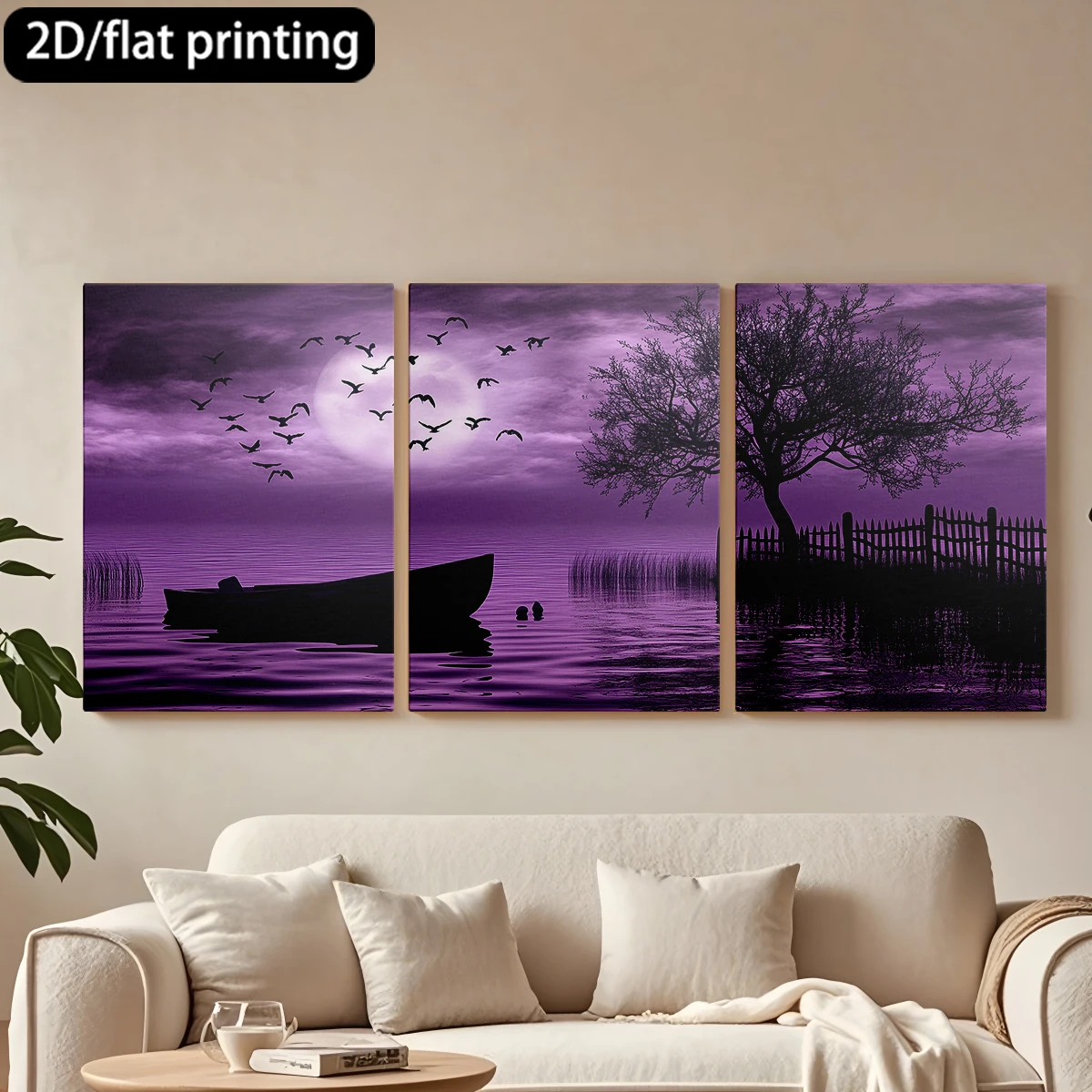 

Набор из 3 картин на холсте в деревянной раме: Декоративная живопись с изображением спокойного фиолетового пейзажа, лодки и дерева. Украшение для коридора и спальни.