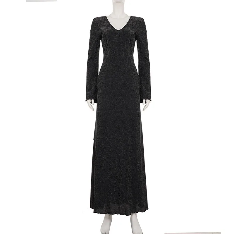 Lantejoulas de malha de seda maxi vestido feminino elegante sexy decote em v manga alargamento rendas até sem costas bodycon festa longo robe roupas de férias